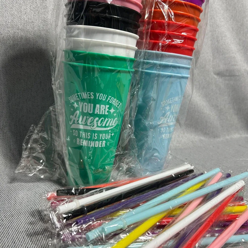 Reusable Plastic Tumblers with Lids and Straws Set Multicolor Awesome 24 Cups